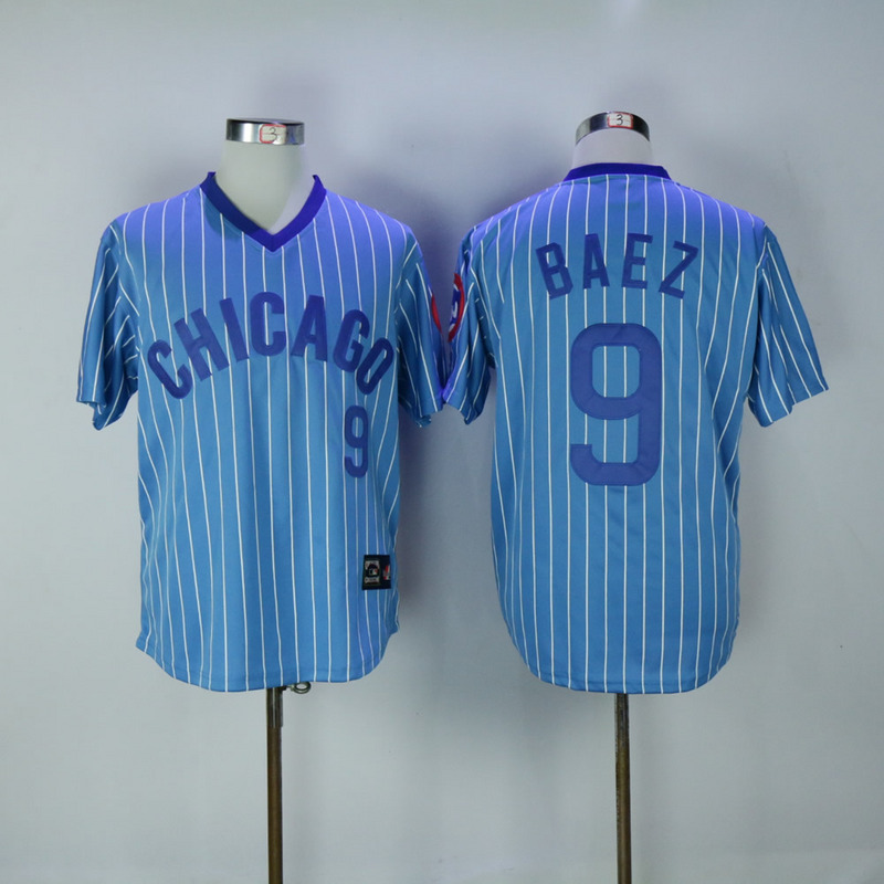 2017 MLB Chicago Cubs #9 Baez Blue White stripe Throwback Jerseys->atlanta braves->MLB Jersey